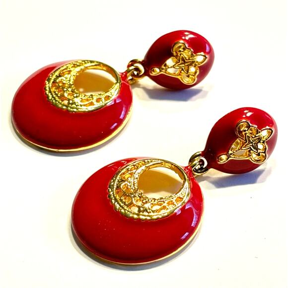 Mod pierced earrings 1980s style Goldtone drop & dangle hot pink enamel finish - Picture 6 of 6